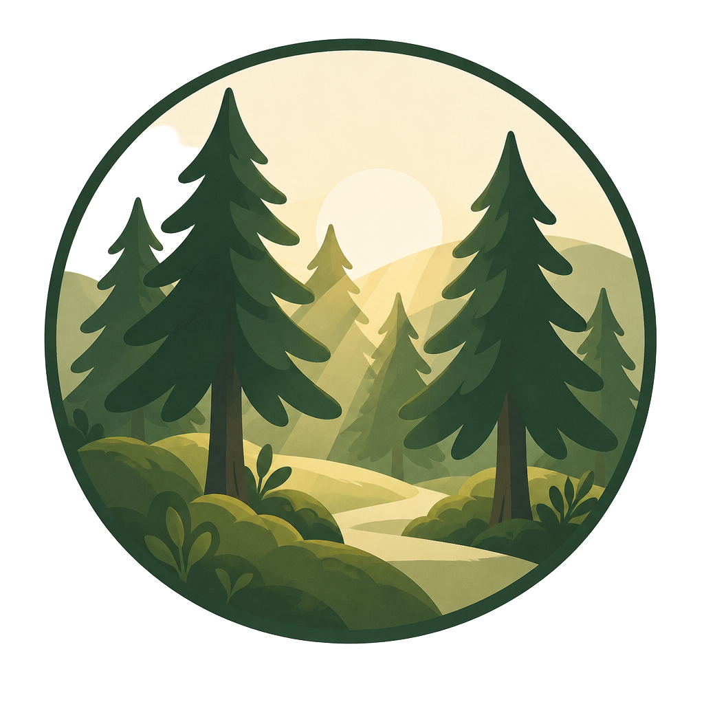 The Grove icon: a small forest of evergreens in warm greens and cream